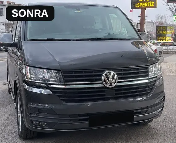 Küçükçekmece Şahin Oto Servis’te ön tampon ve alt bölge hasarı onarılan siyah Volkswagen Transporter – öncesi ve sonrası